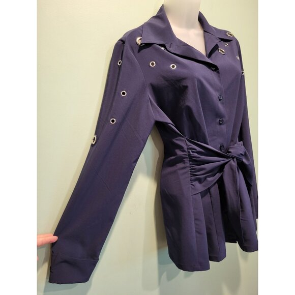 Joseph Ribkoff Navy Blue Grommet Long Sleeve Button Up Tie Waist Top Sz 8 - Picture 5 of 8